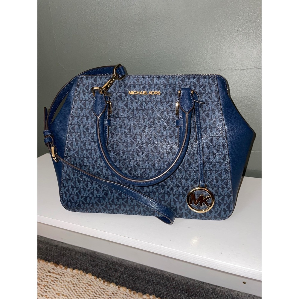 Michael Kors Charlotte Signature Satchel Purse MK Logo Navy Blue Crossbody